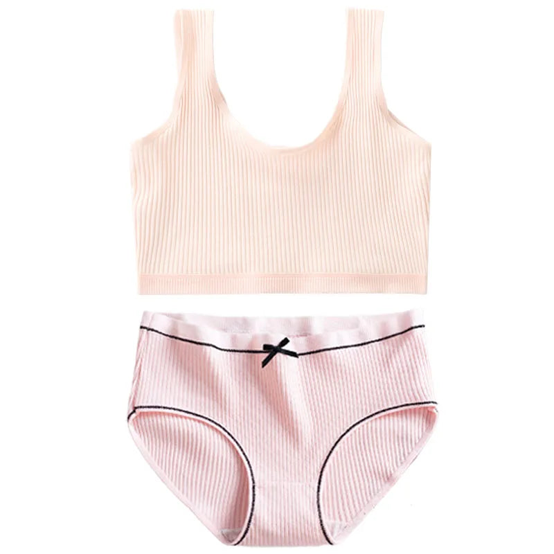 1/4 Sets Girls Training Bras Panties Set Kids Cotton Underwear Sets Teenage Girl Wireless Bra Vest and Panties Sports Set 8-16Y