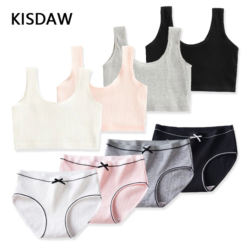 1/4 Sets Girls Training Bras Panties Set Kids Cotton Underwear Sets Teenage Girl Wireless Bra Vest and Panties Sports Set 8-16Y