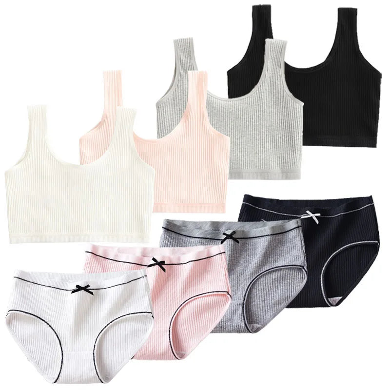 1/4 Sets Girls Training Bras Panties Set Kids Cotton Underwear Sets Teenage Girl Wireless Bra Vest and Panties Sports Set 8-16Y